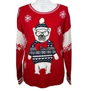 Womens L Ugly Christmas Sweater Red Bear Knit Snowflake Holiday Winter